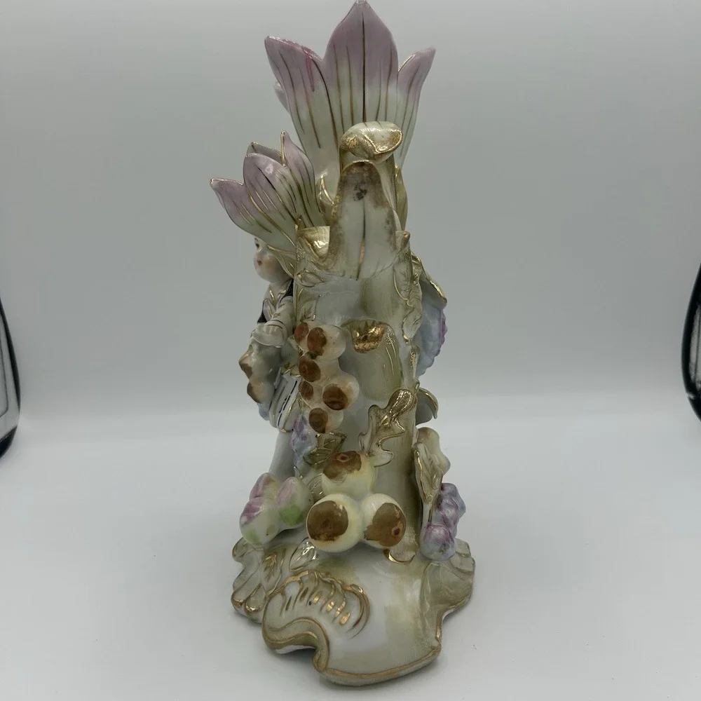 2 Pc Lenwile Ardalt Colonial French Boy & Girl Fruit Flower Double Vase Figurine